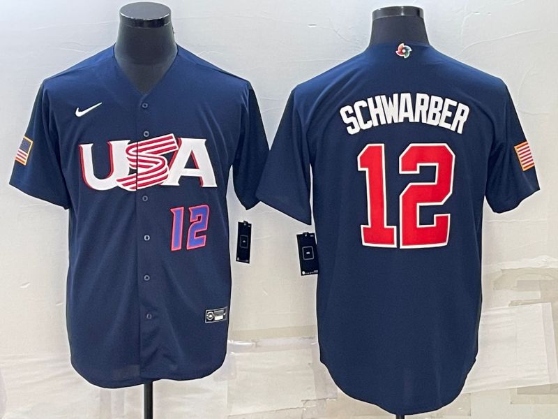 Men 2023 World Cub USA 12 Schwarber Blue Nike MLB Jersey2